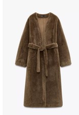 ZARA BROWN TAUPE COLLARLESS NECKLINE LONG TIE BELTED FAUX  FUR COAT SIZE L BNWT