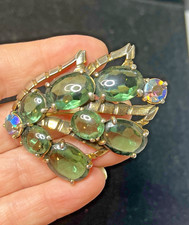 Nice Vintage Schiaparelli Unfoiled Green Glass & AB Rhinestone Signed Brooch