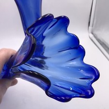 Swung Vases Cobalt Blue  Stretch Swirl Ribbed 10” Art Glass Scalloped Set of 2