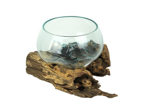 Melted glass bowl teak - glass,