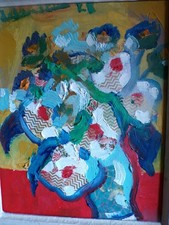 Oil/canvas painting 24x19 Les Anemones DELTRIEU + DLG frame Raya ref ARTMAJEUR