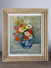 Tableau  ancien art Déco bouquet de fleurs  Pavots signé Lacombe  Cadre gradin