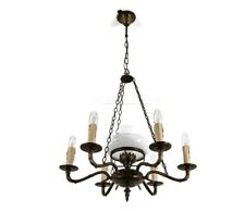 Ornate brass chandelier with white glass Shade Lampe Belge vintage Empire style 