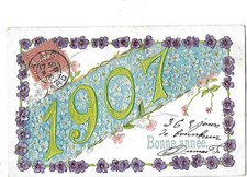 Old postcard embossed Happy New Year flowers thoughts myosotis 1907