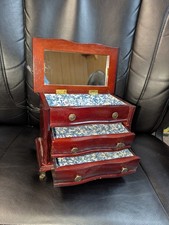  Wood Footed Armoire Trinket Jewelry Box Mirror Blue White Fabric Lining Drawers