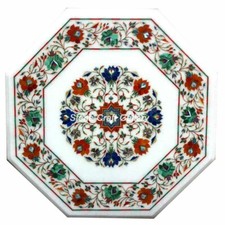 Table D'Angle En Marbre 21" Avec Inlay De Pierres Semi-Précieuses Artisanale