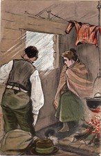 Cabane bois, couple, hiver, neige, chaudron, feu