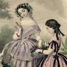 Magasin des demoiselles Anais Toudouze  Gravure de mode Aquarelle originale XIXe