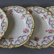 4 Antique MINTONS Porcelain Plates HP Enamel PINK ROSES + FMNs Wreaths + Swags