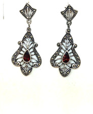 Estate Sterling Silver Garnet & Marcassite Chandelier Dangle Drop Earrings