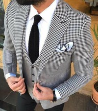 Designer Noir Blanc Pepita Costume pour Hommes Poule Veste de Gilet Pantalon