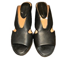 L'Amour Des Pieds Shoes SZ 8M Black Leather 4” Wedge Sandals Slip On Comfortable