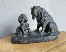 VTG Art Deco Bronze S Sculpture "Can't You Talk"  Girl Looking Up At Dog Patina