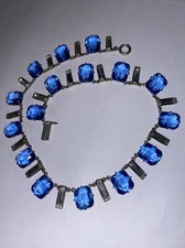 Choker Big Open Back Blue Crystal Clear Banquette Art Deco 1930 14.75” Sterling