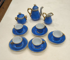 Ancienne Dinette de Poupée en Porcelaine Service à Thé Café  miniature bleu doré