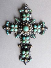 Croix pendentif argent massif + turquoise + émail bijou 19e siècle  silver cross