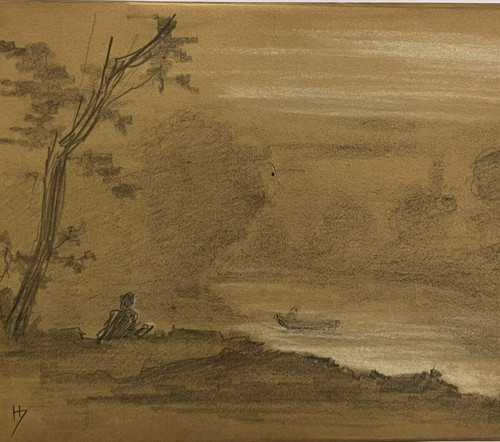 Barque paysage dessin original - barque,