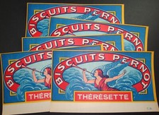 5 LARGE ANTIQUE LABELS PERNOT THERESSETTE Cookie CONFECTIONERY CAKE OLD