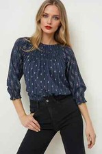 Brand New Woman's Fat Face Navy Tamer Ikat Pleated Cotton Blouse Top £50 6-18