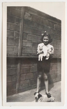 Girl carrying two small kittens, cats, dog - old photo snapshot