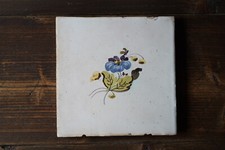 Large Antique Hand Painted Earthenware Ceramic Tile Flowers Spain 19th Century