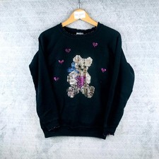 Vintage Hanes Sport Pull Femme M Noir Ours Paillettes Cœurs Roses Col rond Coton