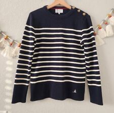 Ponant France 100% Wool Button Stripe Crewneck Sweater Navy Nautical Preppy L