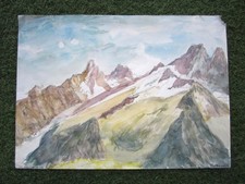 Ancienne aquarelle Le Flégère Chamonix Mont Blanc tableau de montagne.