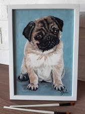 Peinture originale carlin animal chien peinture à l'huile encadrée 12 par 9...