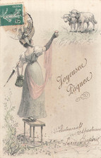 CP ILLUSTRATED EASTER WOMEN HAT UMBRELLA ON STOOL OFFER EGG LAMBS 36821