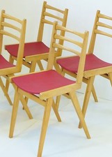 SUITE OF 4 CHAIRS 1950 OAK ZAZOU RED VINTAGE FRENCH MIDCENTURY 50's CHAIRS
