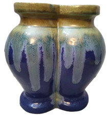 Antique Vase Denbac Signed French Double  BLUE DRIP GLAZE  *read* HTF 42 c. 1902