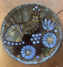 Antique earthenware plate HB Quimper Marjatta stool 1960 blue peacock decor