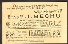 PARIS (XII°) CATALOGUE, HARDWARE FACTORY FURNITURE LOCKSMITH "J. BECHU" 1931