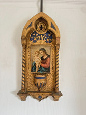 Ancien Retable Bas Relief Benitier Doré Bois Vierge Enfant