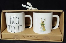 NEW! RAE DUNN (2) Coffee Mugs ARTISAN COLLECTION 4-3/4" Hop To It Rabbit BOXED