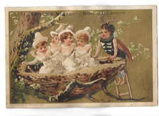 old CHROMO advertising late 19th century gold background babies child bird nest H. 8 cms
