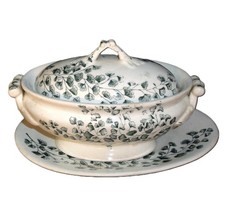 Staffordshire Child Green Transferware Soup Tureen MAIDEN HAIR FERN Ridgway 1895