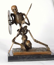 Human Bronze Figure Skeleton Warrior With Spade and Plate Dead Head Skull