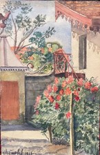 Aquarelle signée et datée de 1913 "Le rosier" jardin, girouette coq