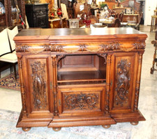 French Antique Henry II Walnut Sideboard | Hunt Scene Carved Bar Cabinet