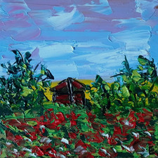 Peinture originale paysage huile maison fleurs art mural ciel nuages taille...