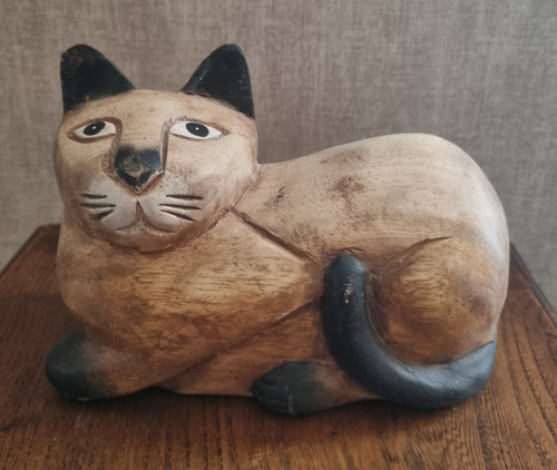 Statue chat couché bois - chat, en