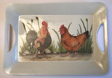 Plateau rectangulaire en mélamine – Décor ferme / Coq & Poule – Vintage