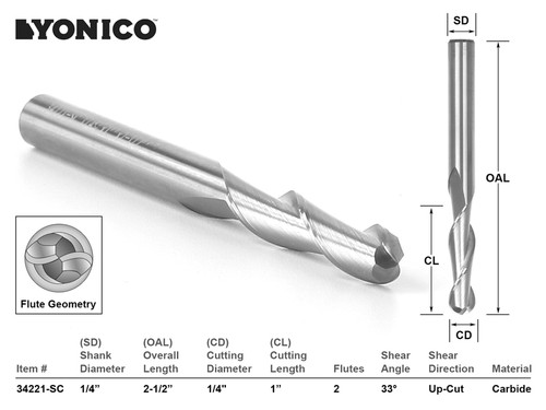 Dia 2 flute ball nose - 1/4",