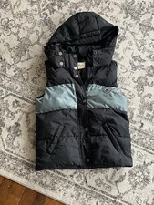 Roxy Women Black Blue Striped Hooded Button Down Puffer Sleeveless Vest Size XS