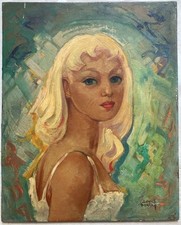 Oil painting on panel signed portrait of young blonde girl 20th century