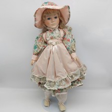 Vintage Porcelain Doll In A Flowery Dress & Pink Lacy Apron On Stand 55cm Height