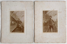 Young man, boy greenhouse garden plants - 2 old photos snapshot sepia