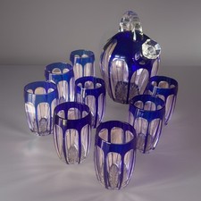 SAINT LOUIS SERVICE A LIQUEUR 8 VERRES EN CRISTAL TAILLÉ OVERLAY BLEU ART DÉCO